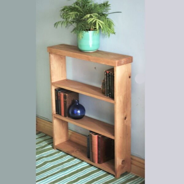 Slim wooden bookcase, rustic wood bookshelf, designed and handmade in Somerset UK.