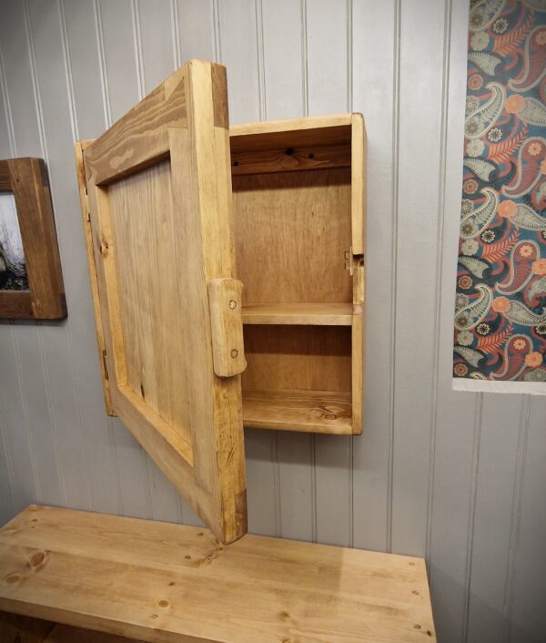 Natural wood bathroom cabinet, rustic minimalist medicine cabinet with chunky wooden door, handmade in Somerset UK