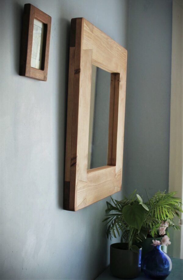 Chunky wooden mirror in sustainable natural wood, rustic farmhouse, side view from Somerset UK