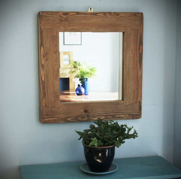 Wide frame wooden mirror in sustainable natural light wood, rustic cottage décor handcrafted in Somerset UK