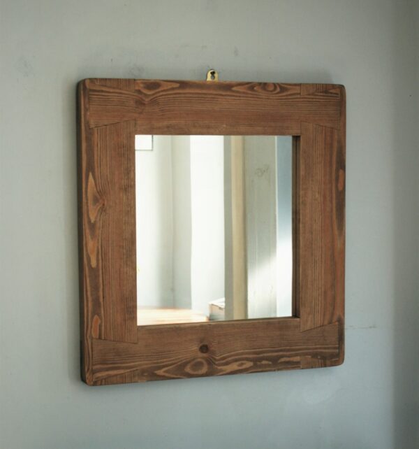 Wide frame wooden mirror in sustainable natural dark wood, rustic cottage home, chunky wood mirror from Somerset UK