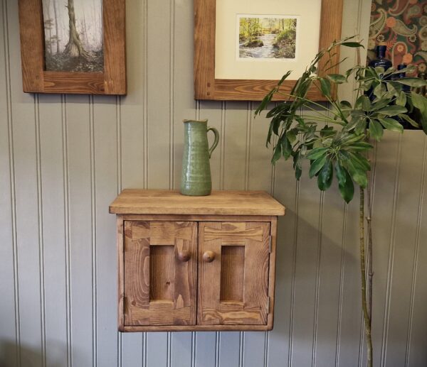 Dark wood floating vanity, wall hung wooden modern rustic sink stand, custom handmade in Somerset UK