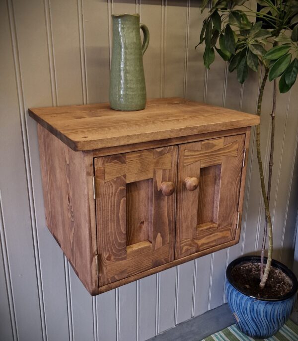 Dark wood floating vanity, wall hung small wooden rustic sink stand, custom handmade in Somerset UK