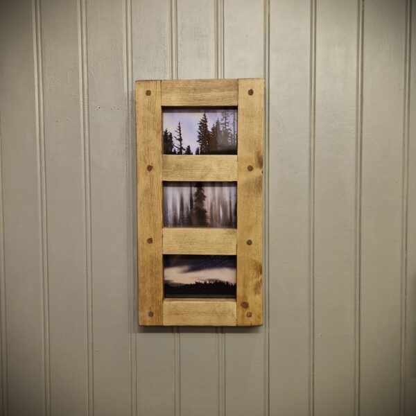 Wooden triple frame 6x4 inch, picture & photo frame in sustainable, rustic wood, boho artisan handmade in Somerset UK