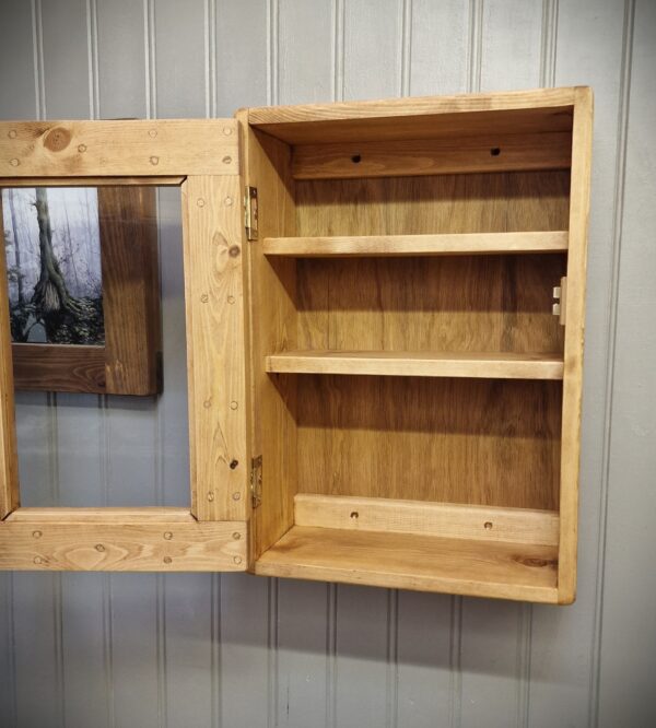 Glazed kitchen wall cabinet, wooden vintage country cottage wall cabinet with display shelving UK