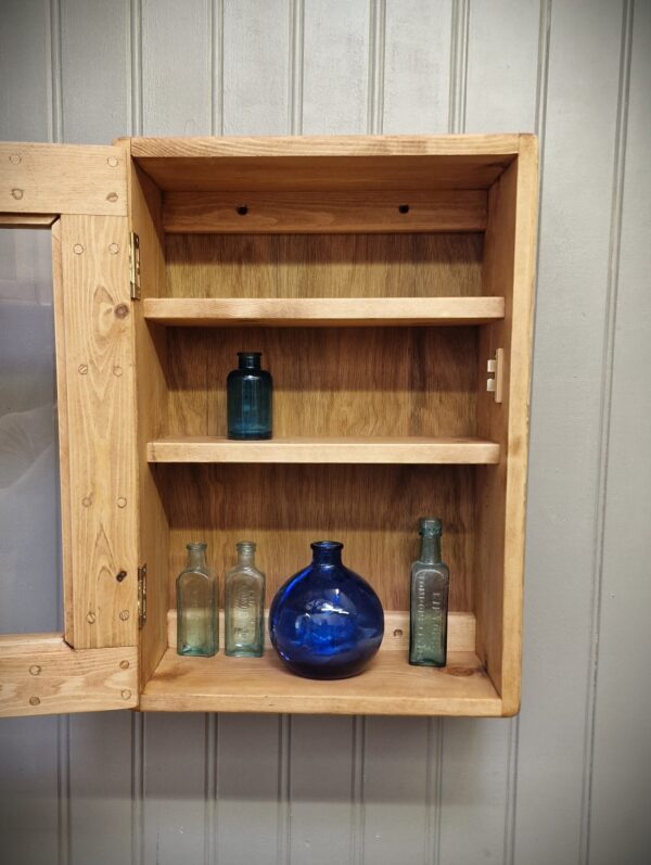 Glazed kitchen wall cabinet, wooden vintage country cottage wall cabinet with display shelves UK
